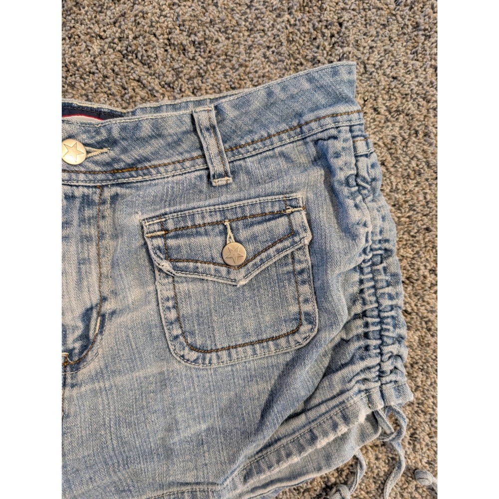 Y2K Zoey Beth Denim Shorts Womens Size L Light Wash Ruched Side Drawstring - Picture 2 of 4